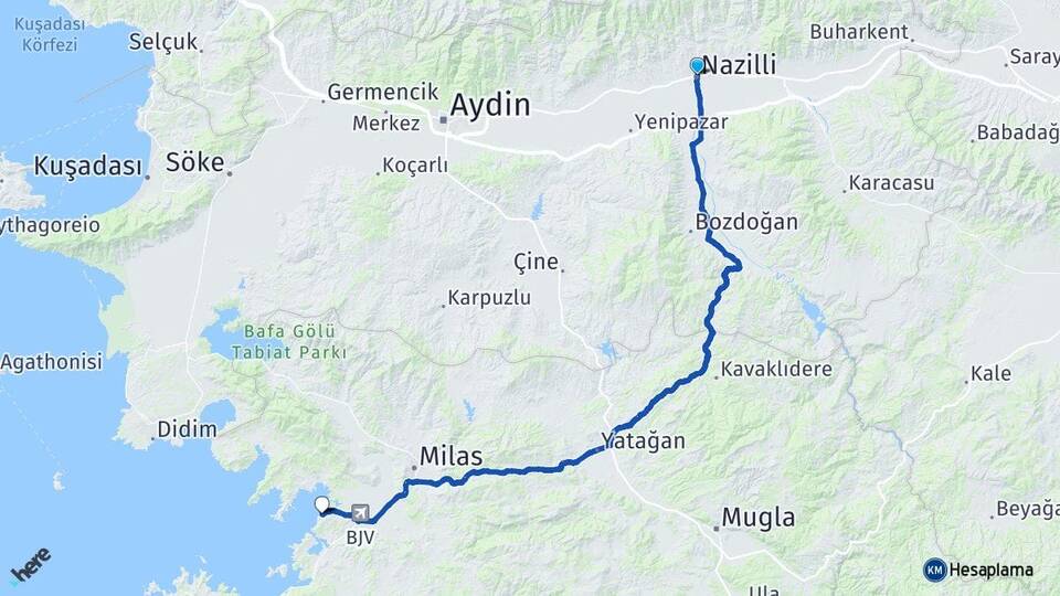 Aydın Nazilli Güllük Milas Muğla Arası Kaç Km - Yol Haritası