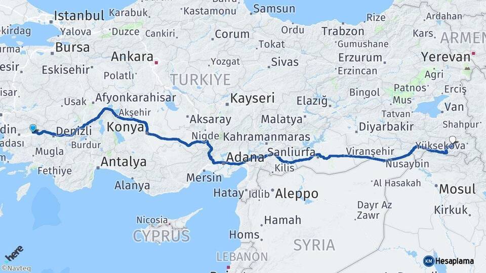 Aydın Nazilli Hakkari Arası Kaç Km - Yol Haritası