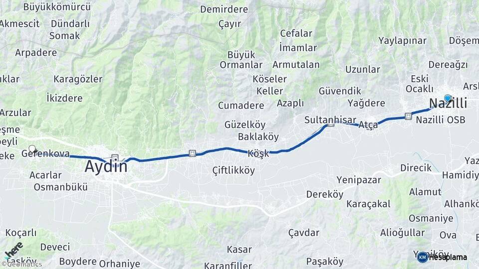 Aydın Nazilli İncirliova Arası Kaç Km - Yol Haritası