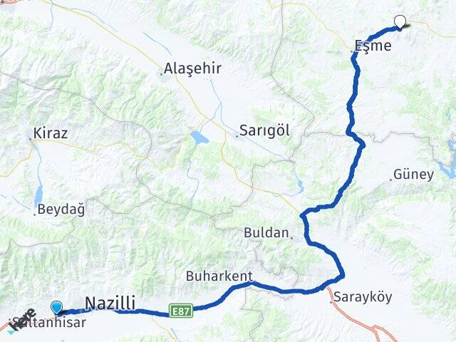 Aydın Nazilli İsabeyli Eşme Uşak Arası Kaç Km - Yol Haritası