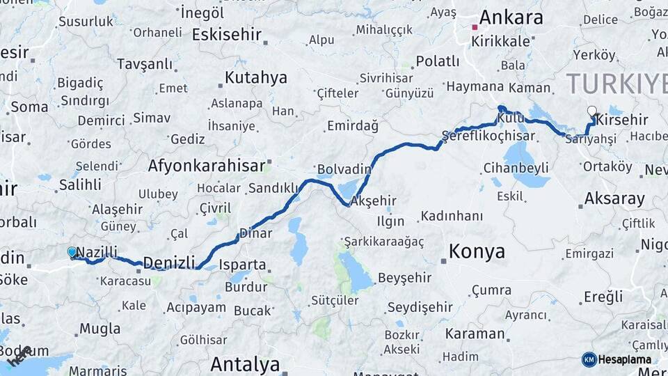 Aydın Nazilli Kırşehir Arası Kaç Km - Yol Haritası
