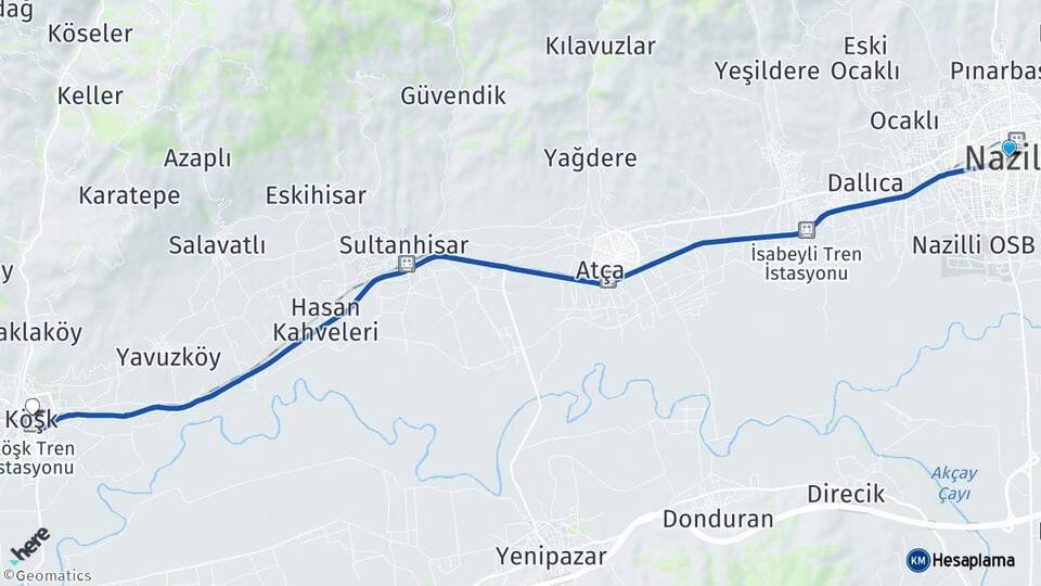 Aydın Nazilli Köşk Arası Kaç Km - Yol Haritası