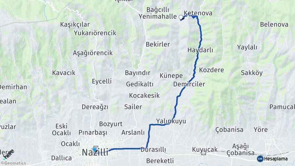 Aydın Nazilli Ovacık Nazilli Arası Kaç Km - Yol Haritası