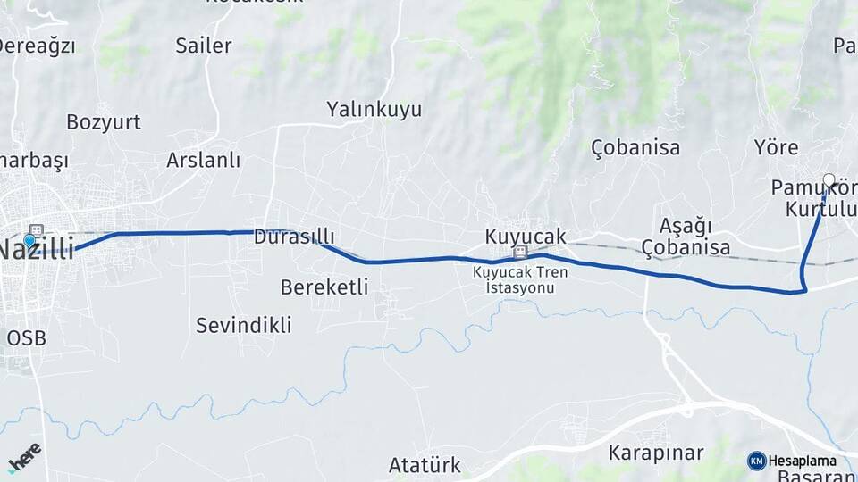 Aydın Nazilli Pamukören Kuyucak Arası Kaç Km - Yol Haritası