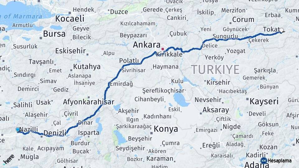 Aydın Nazilli Tokat Arası Kaç Km - Yol Haritası