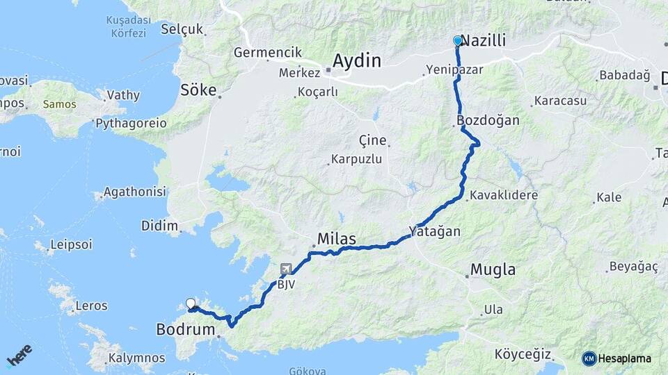 Aydın Nazilli Yalıkavak Bodrum Muğla Arası Kaç Km - Yol Haritası