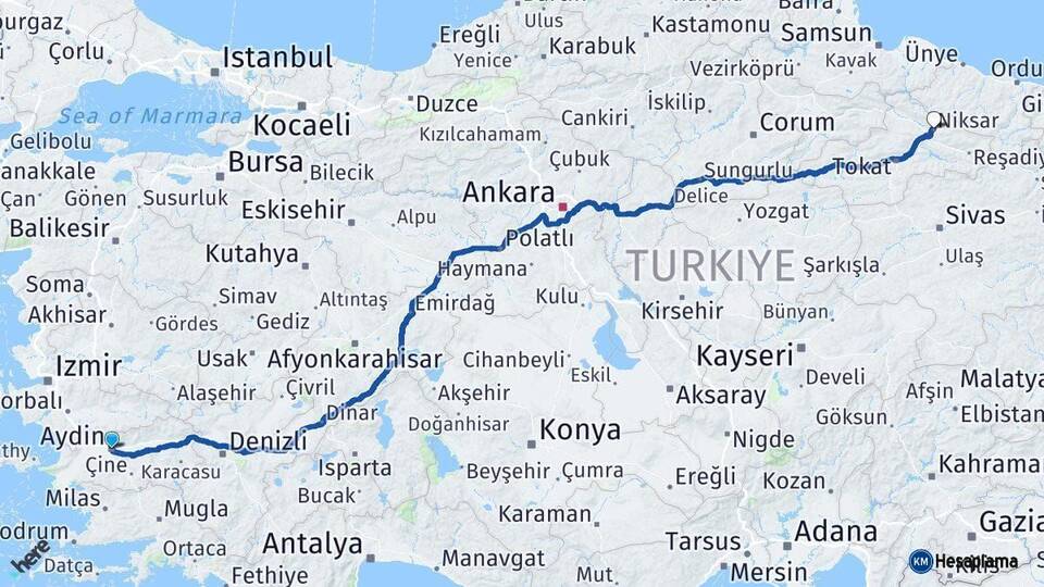 Aydın Niksar Tokat Arası Kaç Km - Yol Haritası
