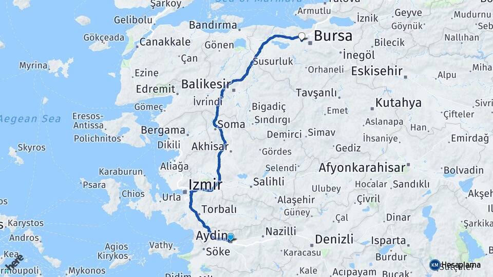 Aydın Nilüfer Bursa Arası Kaç Km - Yol Haritası