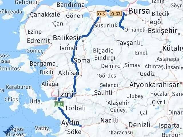 Aydın Orhaneli Bursa Arası Kaç Km - Yol Haritası