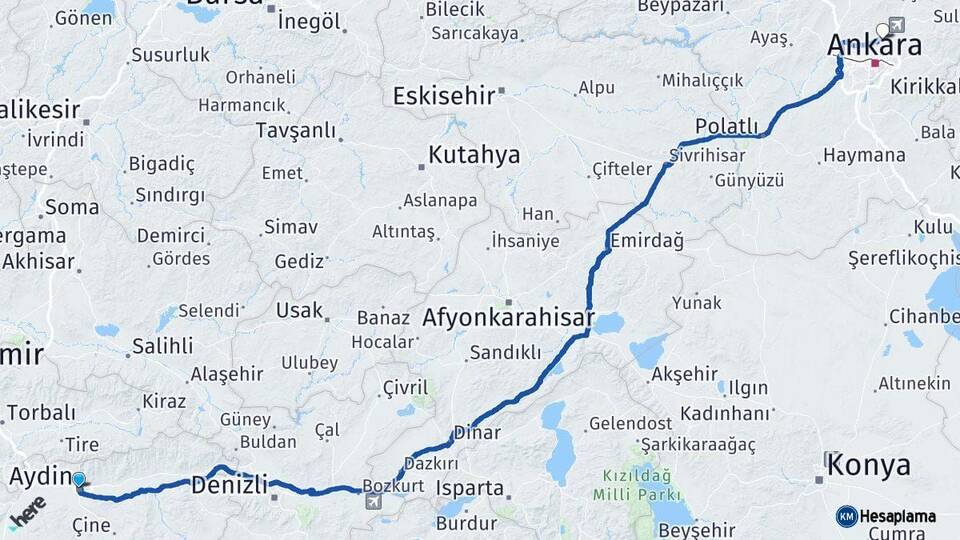Aydın Pursaklar Ankara Arası Kaç Km - Yol Haritası