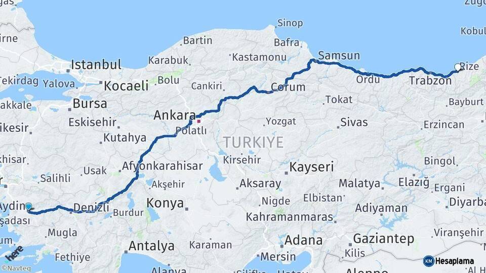 Aydın Rize Arası Kaç Km - Yol Haritası