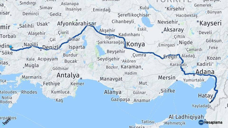 Aydın Samandağ Hatay Arası Kaç Km - Yol Haritası