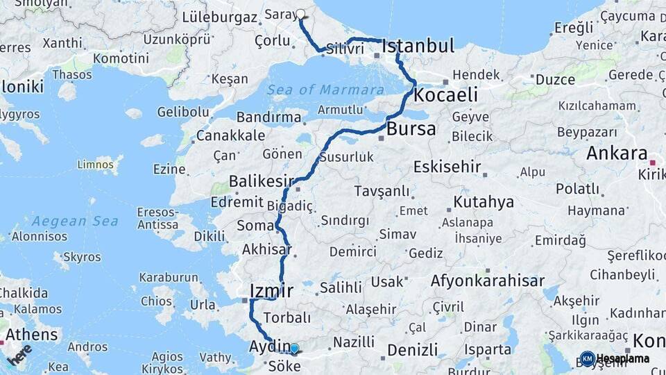 Aydın Saray Tekirdağ Arası Kaç Km - Yol Haritası
