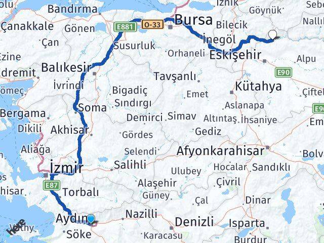 Aydın Sarıcakaya Eskişehir Arası Kaç Km - Yol Haritası