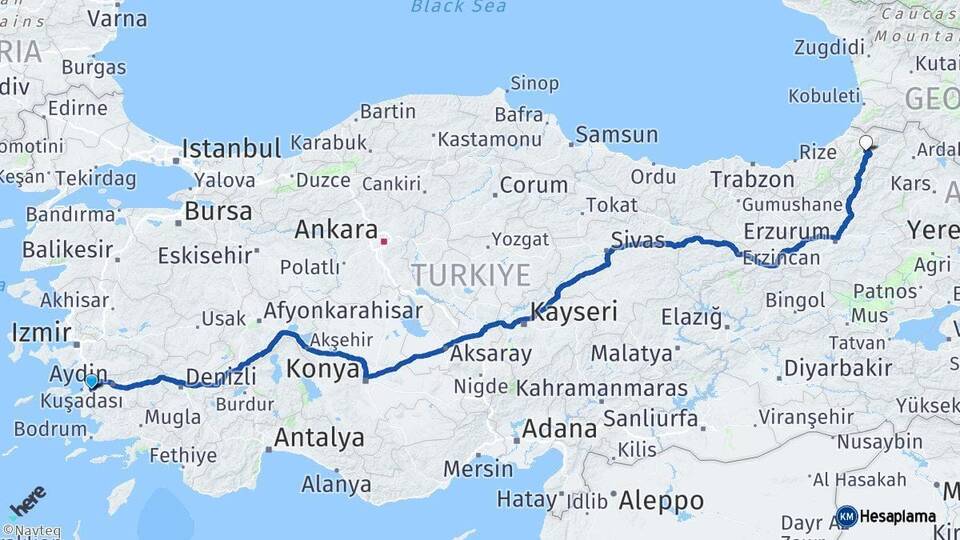 Aydın Söke Artvin Arası Kaç Km - Yol Haritası