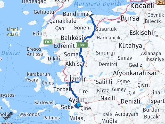 Aydın Söke Bağarası Bandırma Balıkesir Arası Kaç Km - Yol Haritası