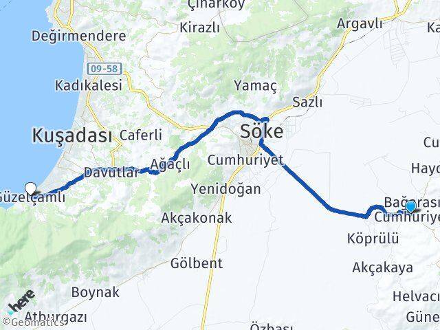 Aydın Söke Bağarası Kuşadası Arası Kaç Km - Yol Haritası