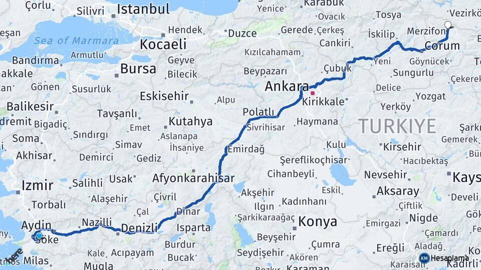 Aydın Söke Bağarası Merzifon Amasya Arası Kaç Km - Yol Haritası