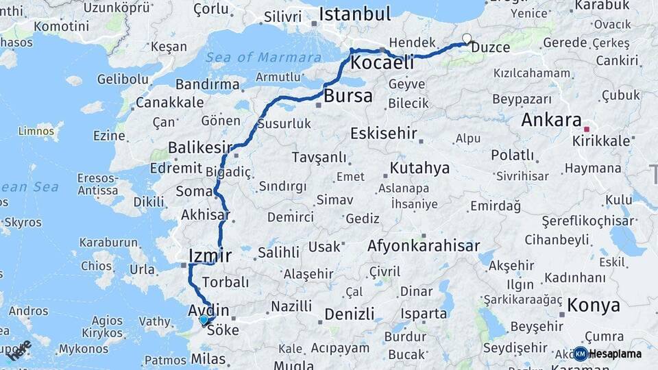 Aydın Söke Düzce Arası Kaç Km - Yol Haritası