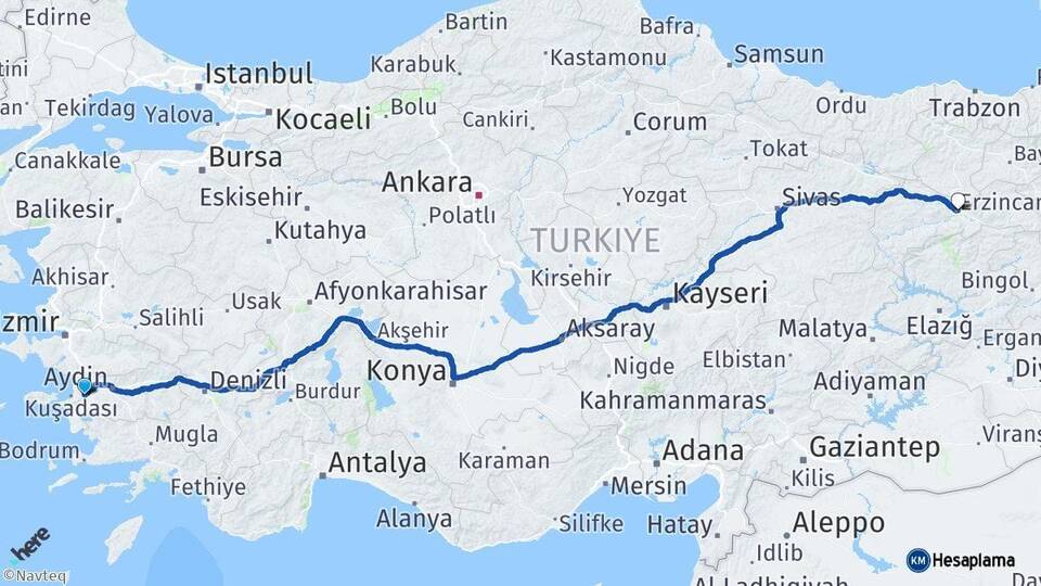 Aydın Söke Erzincan Arası Kaç Km - Yol Haritası