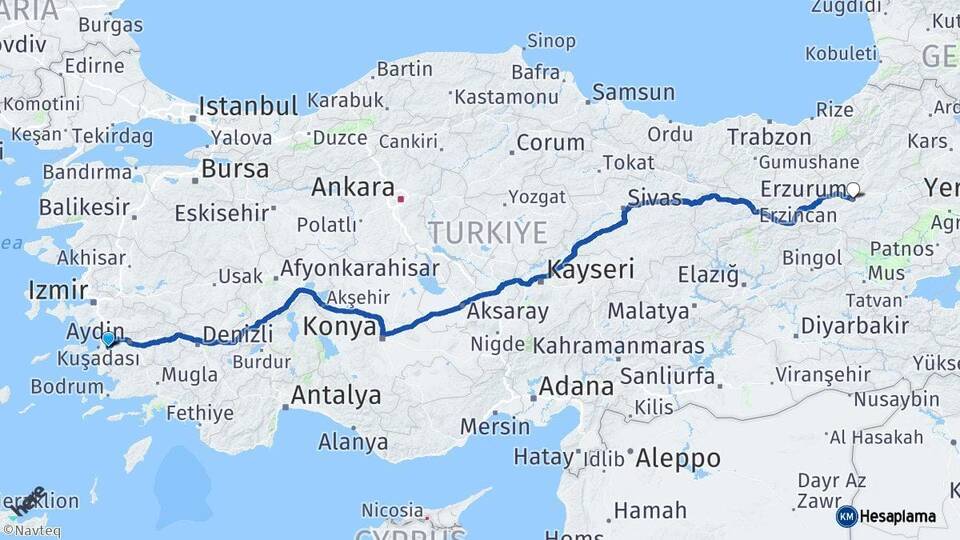 Aydın Söke Erzurum Arası Kaç Km - Yol Haritası