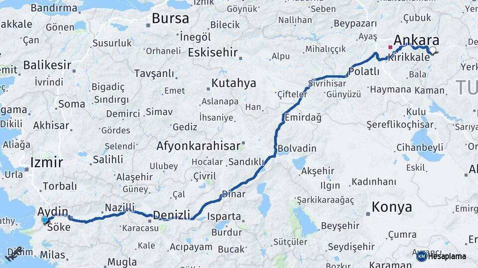 Aydın Söke Kırıkkale Arası Kaç Km - Yol Haritası