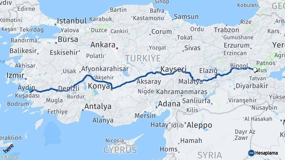 Aydın Söke Muş Arası Kaç Km - Yol Haritası