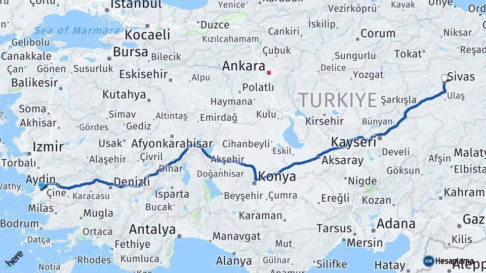 Aydın Söke Sivas Arası Kaç Km - Yol Haritası