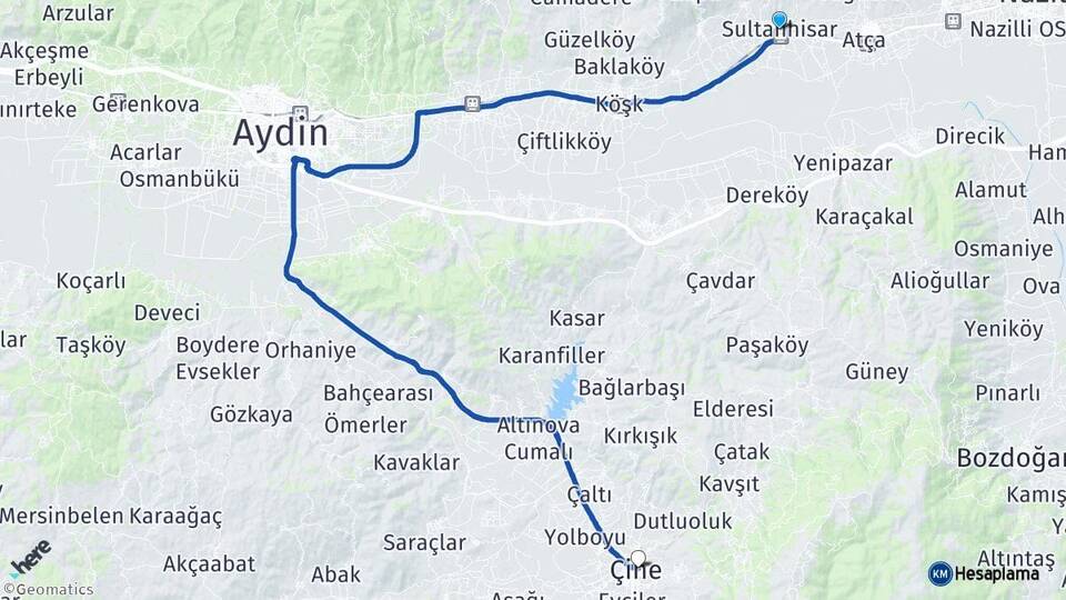 Aydın Sultanhisar Çine Arası Kaç Km - Yol Haritası