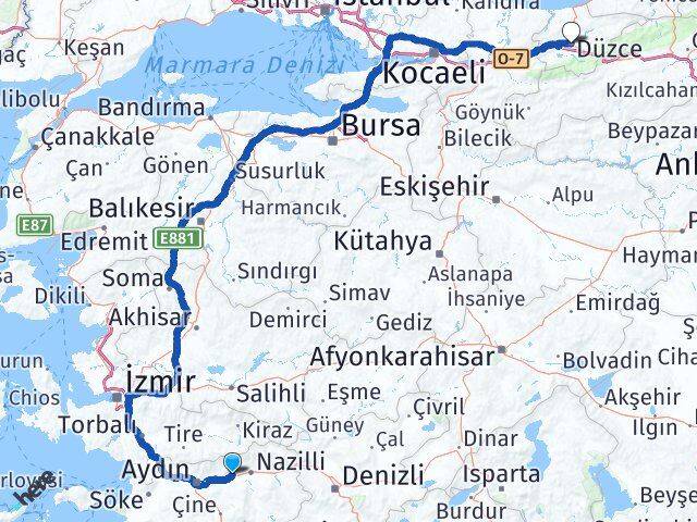 Aydın Sultanhisar Düzce Arası Kaç Km - Yol Haritası
