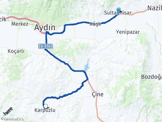 Aydın Sultanhisar Karpuzlu Arası Kaç Km - Yol Haritası