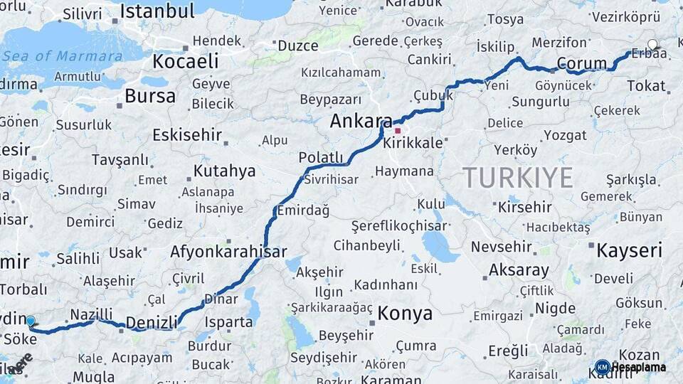 Aydın Taşova Amasya Arası Kaç Km - Yol Haritası