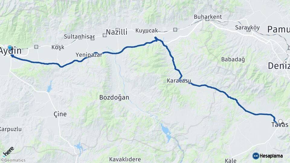 Aydın Tavas Denizli Arası Kaç Km - Yol Haritası