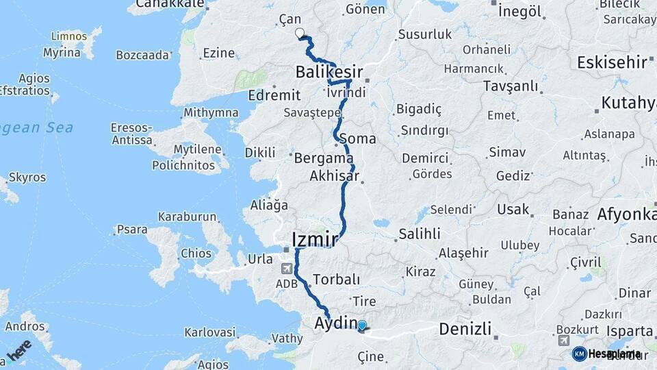 Aydın Yenice Çanakkale Arası Kaç Km - Yol Haritası