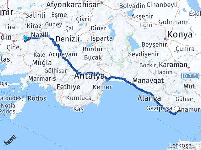Aydın Yenipazar Anamur Mersin Arası Kaç Km - Yol Haritası