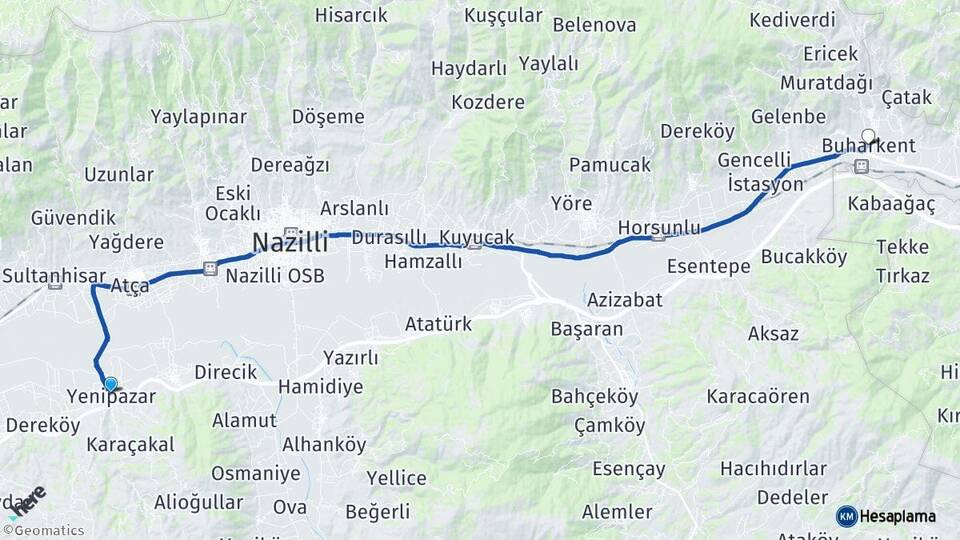 Aydın Yenipazar Buharkent Arası Kaç Km - Yol Haritası