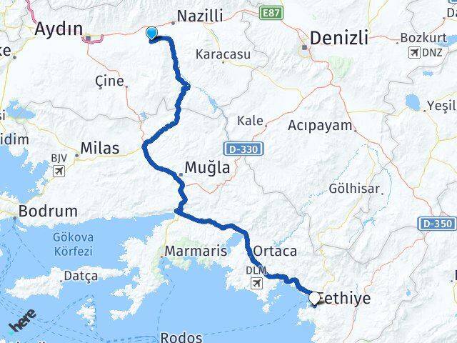 Aydın Yenipazar Fethiye Muğla Arası Kaç Km - Yol Haritası