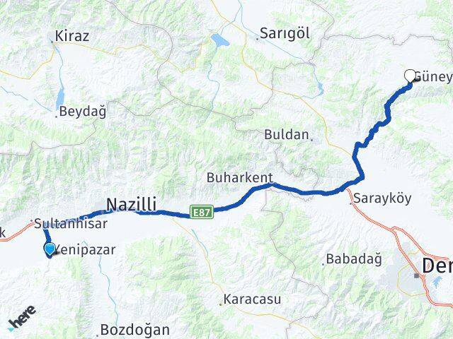 Aydın Yenipazar Güney Denizli Arası Kaç Km - Yol Haritası