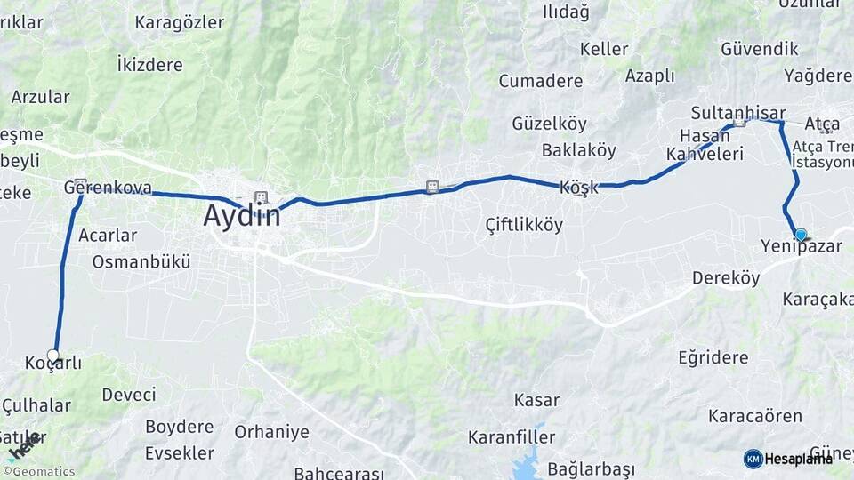 Aydın Yenipazar Koçarlı Arası Kaç Km - Yol Haritası