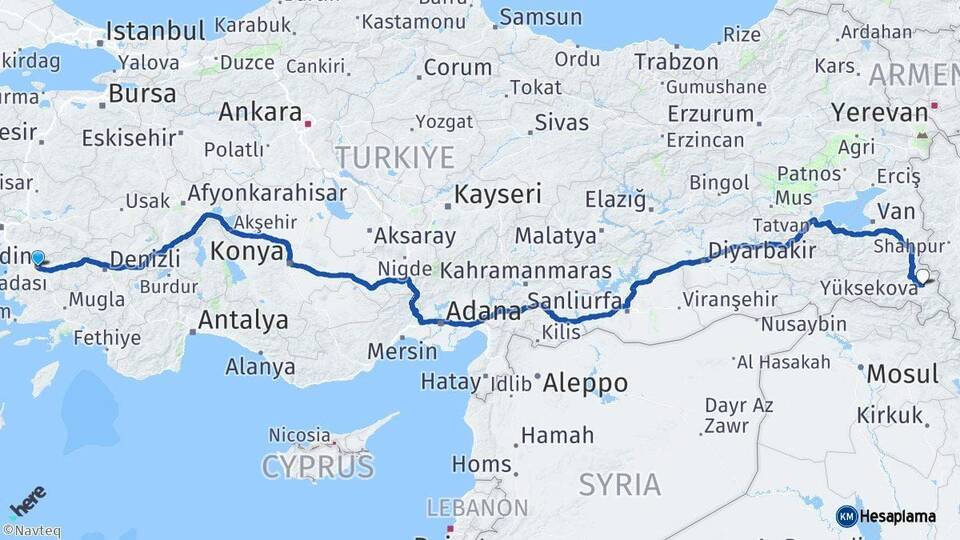 Aydın Yüksekova Hakkari Arası Kaç Km - Yol Haritası