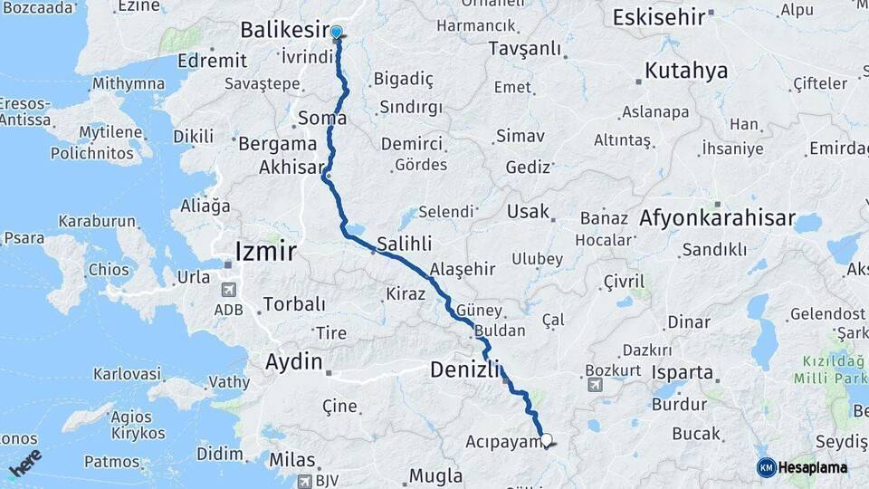 Balıkesir Acıpayam Denizli Arası Kaç Km - Yol Haritası