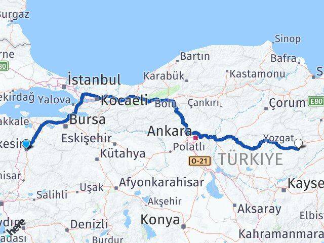 Balıkesir Akdağmadeni Yozgat Arası Kaç Km - Yol Haritası