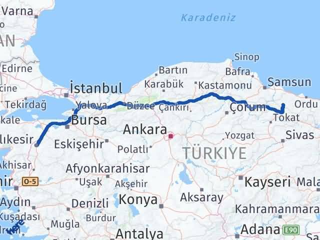 Balıkesir Akkuş Ordu Arası Kaç Km - Yol Haritası