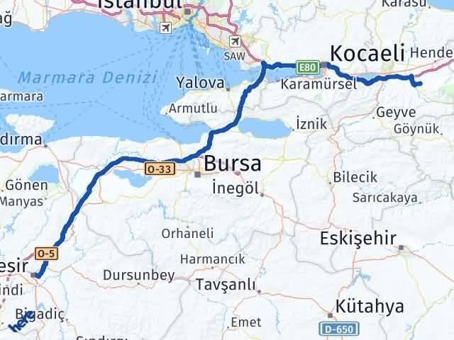 Balıkesir Akyazı Sakarya Arası Kaç Km - Yol Haritası