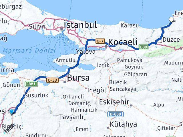 Balıkesir Alaplı Zonguldak Arası Kaç Km - Yol Haritası