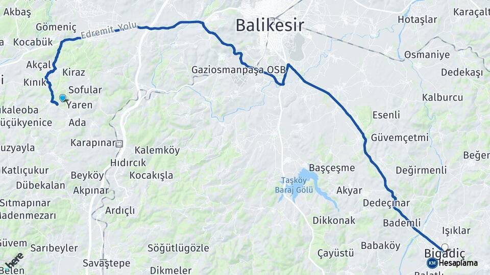 Balıkesir Altıeylül Bigadiç Arası Kaç Km - Yol Haritası