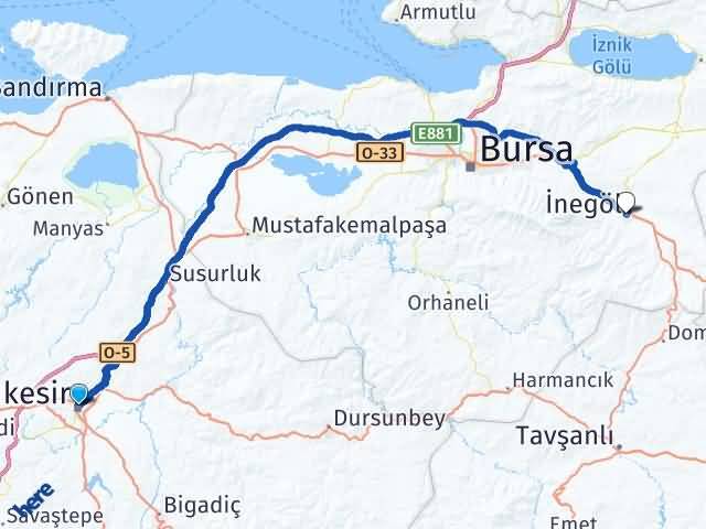 Balıkesir Altıeylül İnegöl Bursa Arası Kaç Km - Yol Haritası