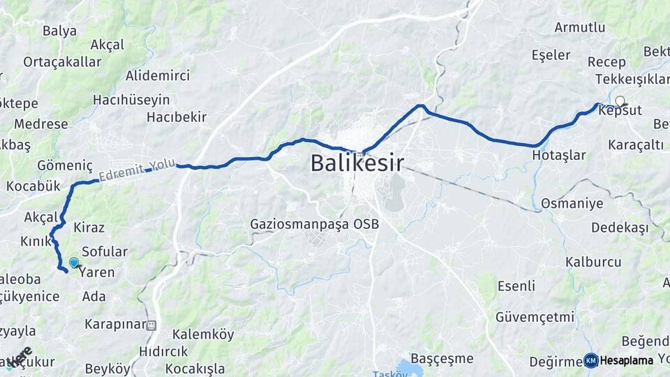 Balıkesir Altıeylül Kepsut Arası Kaç Km - Yol Haritası
