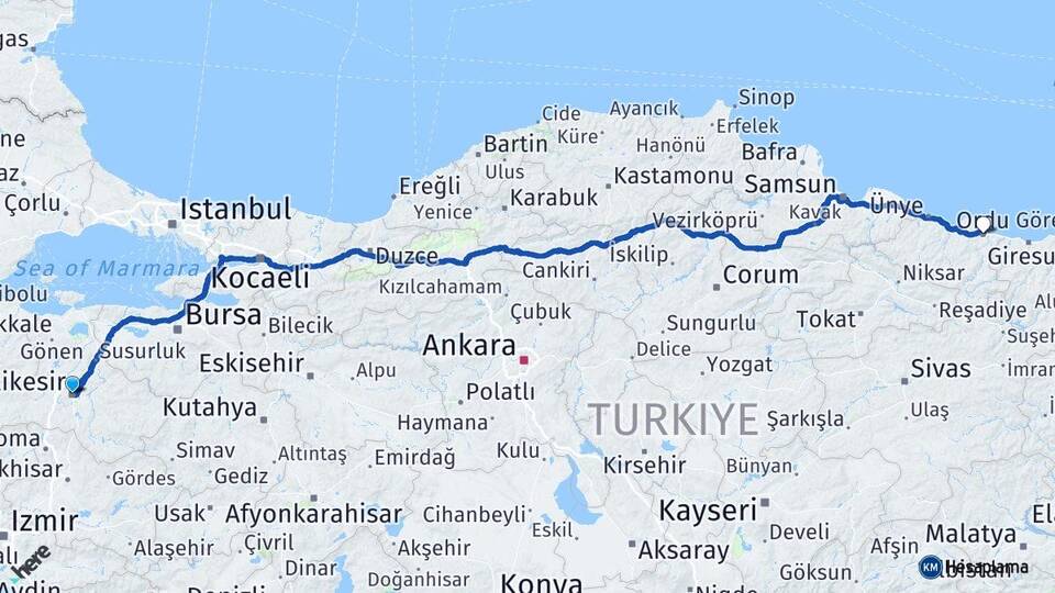 Balıkesir Altınordu Arası Kaç Km - Yol Haritası