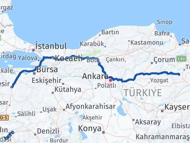 Balıkesir Artova Tokat Arası Kaç Km - Yol Haritası
